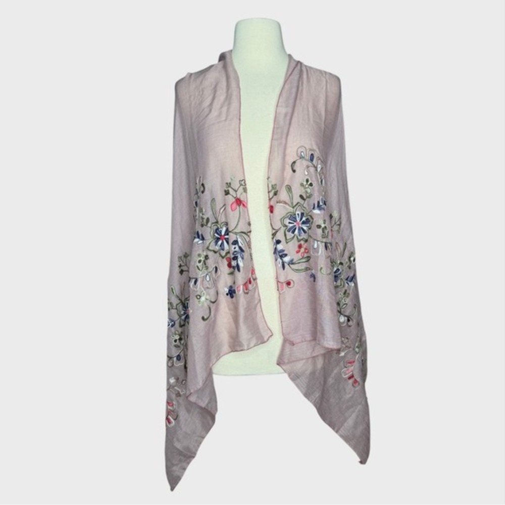 Floral Botanical Embroidered Boho Scarf Shawl Wrap Light Mauve Pink Festival